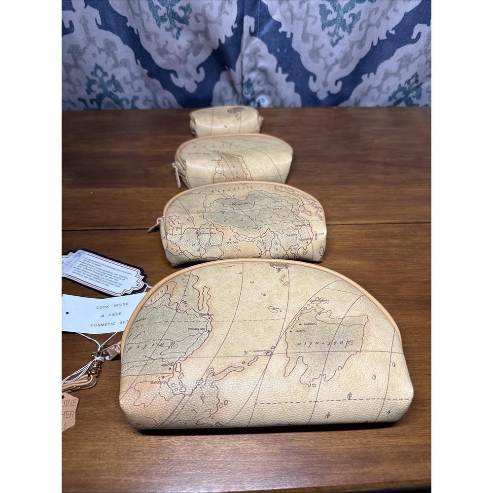 4 Piece Allan Edward AE  World Map Purse Clutch Makeup Coin Leather Trim NWT